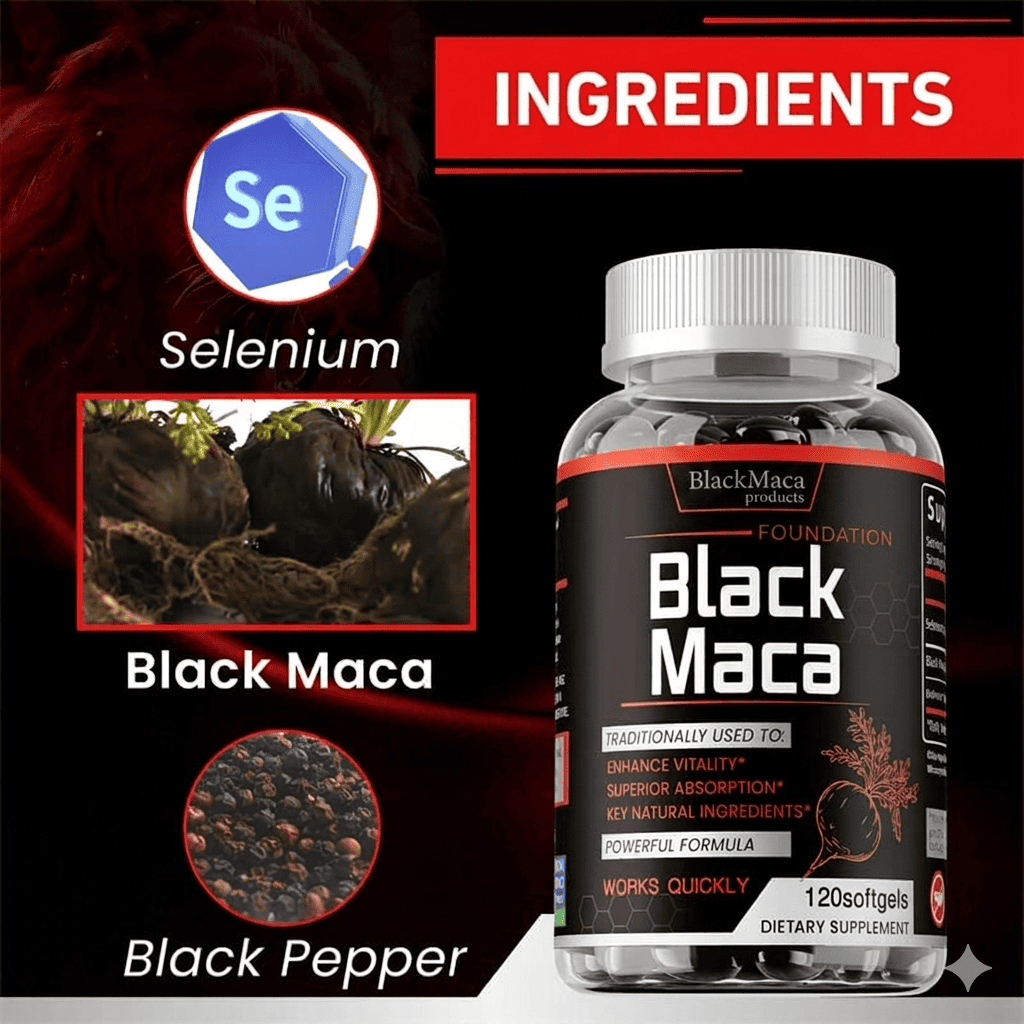 Black Maca Supplement with Black Pepper-Boosts Natural Power and Stamina, Balances Hormones and  Improve Men Sexual Performance